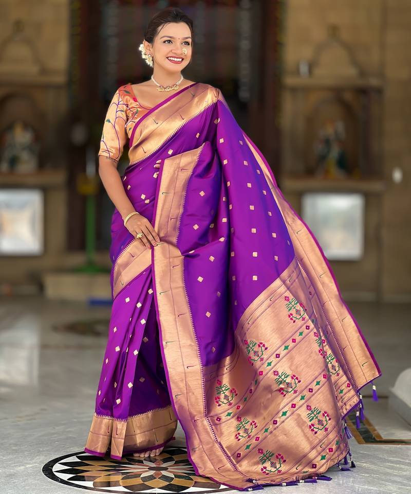 Soft paithani silk saree with zari weawing motifs design and meenakari weawing rich pallu