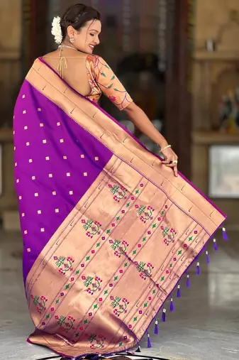 Soft paithani silk saree with zari weawing motifs design and meenakari weawing rich pallu