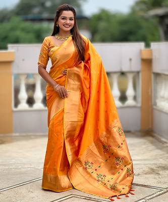 Soft paithani silk saree with zari weawing motifs design and meenakari weawing rich pallu 1