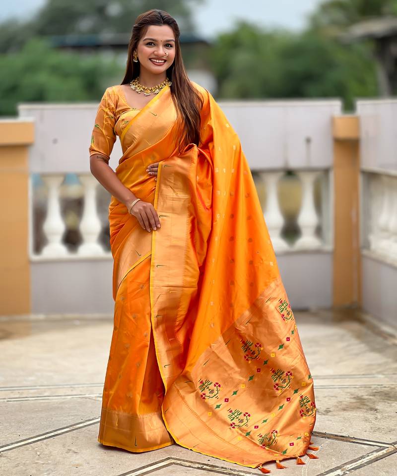 Soft paithani silk saree with zari weawing motifs design and meenakari weawing rich pallu