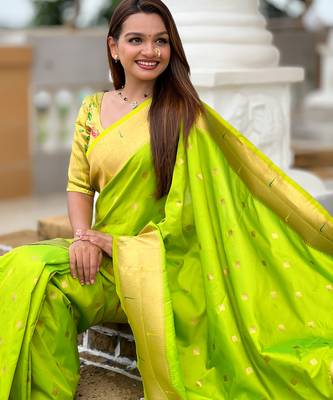 Soft paithani silk saree with zari weawing motifs design and meenakari weawing rich pallu 3