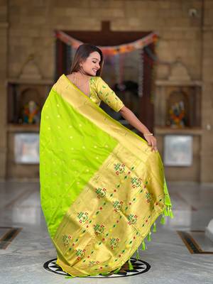 Soft paithani silk saree with zari weawing motifs design and meenakari weawing rich pallu 5