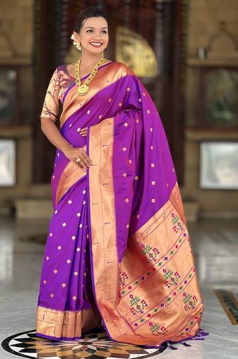 Soft paithani silk saree with zari weawing motifs design and meenakari weawing rich pallu