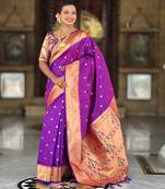 Soft paithani silk saree with zari weawing motifs design and meenakari weawing rich pallu