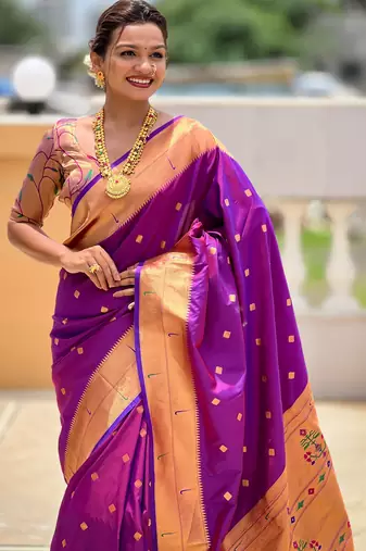 Soft paithani silk saree with zari weawing motifs design and meenakari weawing rich pallu