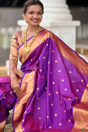 Soft paithani silk saree with zari weawing motifs design and meenakari weawing rich pallu