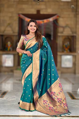 Soft paithani silk saree with zari weawing motifs design and meenakari weawing rich pallu