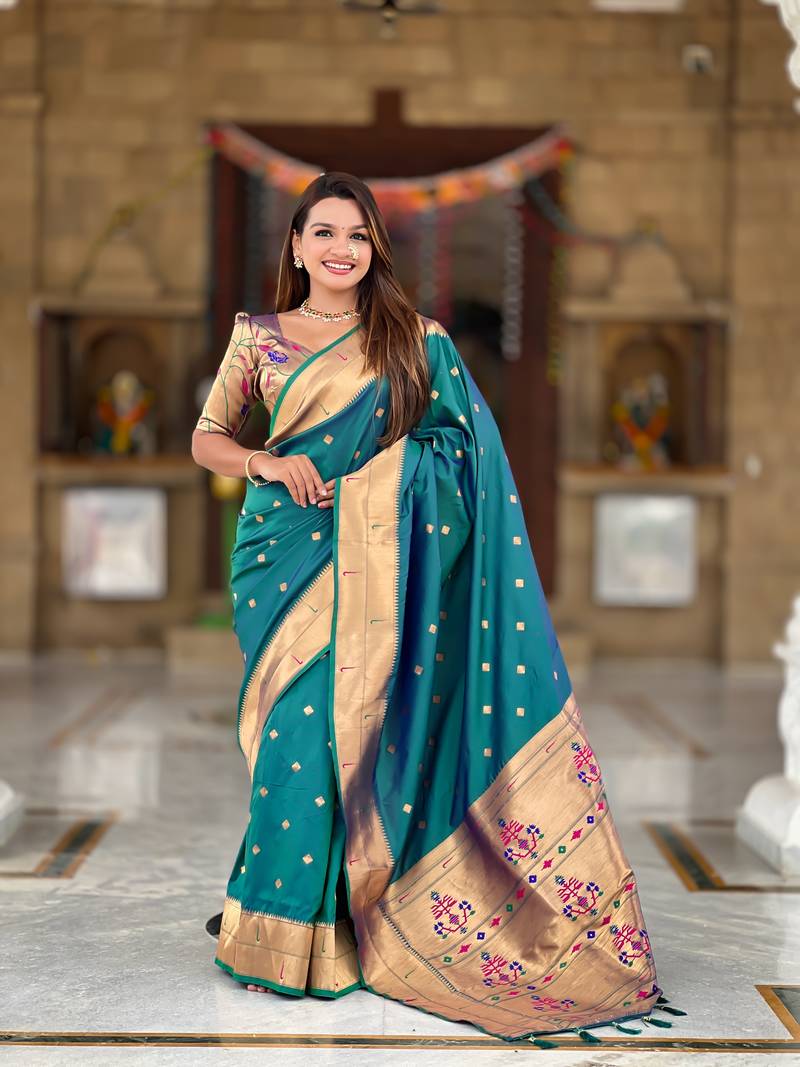 Soft paithani silk saree with zari weawing motifs design and meenakari weawing rich pallu