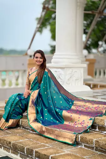 Soft paithani silk saree with zari weawing motifs design and meenakari weawing rich pallu