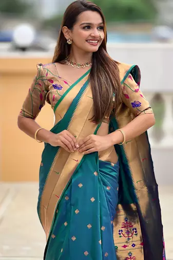 Soft paithani silk saree with zari weawing motifs design and meenakari weawing rich pallu