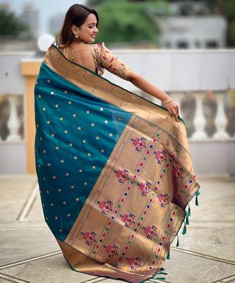 Soft paithani silk saree with zari weawing motifs design and meenakari weawing rich pallu 5