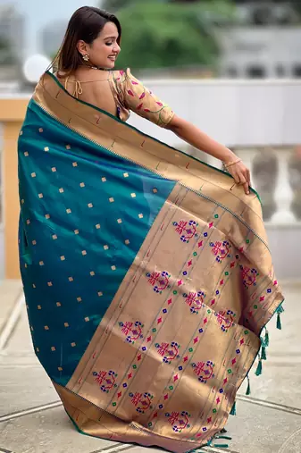 Soft paithani silk saree with zari weawing motifs design and meenakari weawing rich pallu