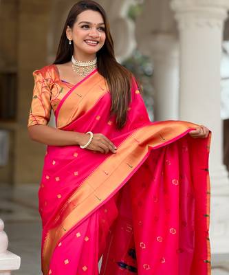 Soft paithani silk saree with zari weawing motifs design and meenakari weawing rich pallu 2