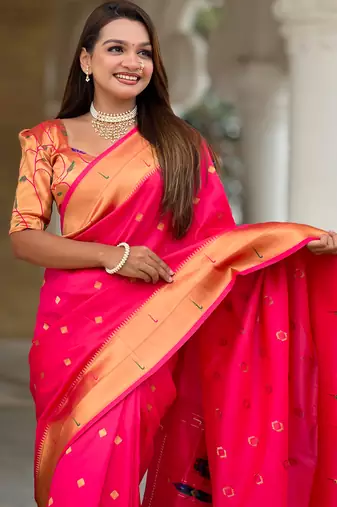 Soft paithani silk saree with zari weawing motifs design and meenakari weawing rich pallu