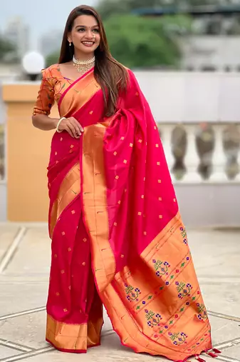Soft paithani silk saree with zari weawing motifs design and meenakari weawing rich pallu