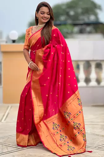 Soft paithani silk saree with zari weawing motifs design and meenakari weawing rich pallu
