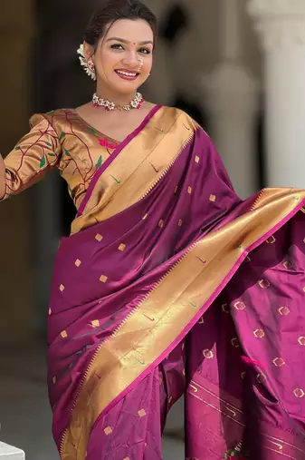 Soft paithani silk saree with zari weawing motifs design and meenakari weawing rich pallu