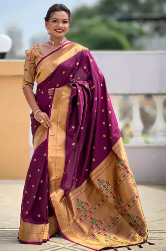Soft paithani silk saree with zari weawing motifs design and meenakari weawing rich pallu