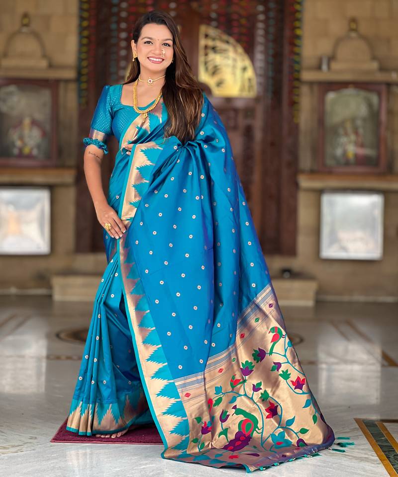 Soft paithani silk saree with zari weawing motifs design and meenakari weawing rich pallu