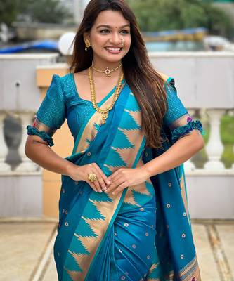 Soft paithani silk saree with zari weawing motifs design and meenakari weawing rich pallu 4