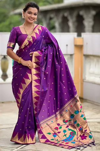 Soft paithani silk saree with zari weawing motifs design and meenakari weawing rich pallu