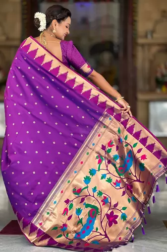 Soft paithani silk saree with zari weawing motifs design and meenakari weawing rich pallu
