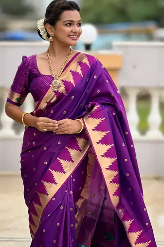 Soft paithani silk saree with zari weawing motifs design and meenakari weawing rich pallu