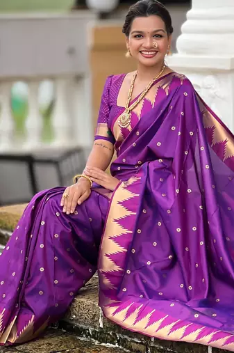 Soft paithani silk saree with zari weawing motifs design and meenakari weawing rich pallu
