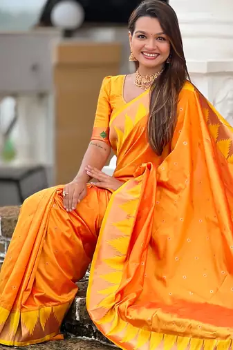 Soft paithani silk saree with zari weawing motifs design and meenakari weawing rich pallu