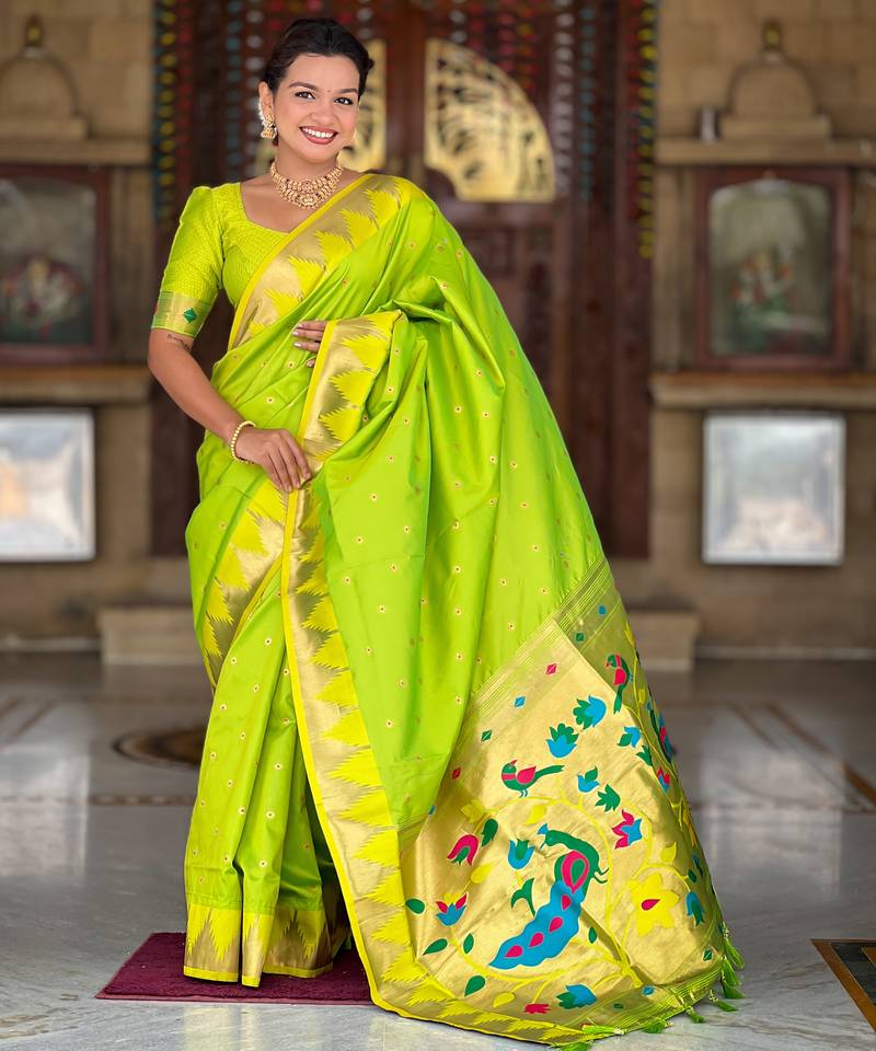 Soft paithani silk saree with zari weawing motifs design and meenakari weawing rich pallu