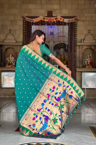 Soft paithani silk saree with zari weawing motifs design and meenakari weawing rich pallu