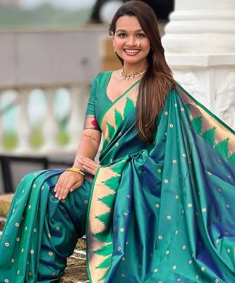 Soft paithani silk saree with zari weawing motifs design and meenakari weawing rich pallu 5