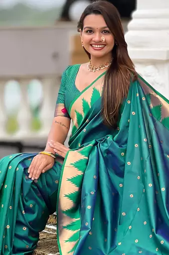 Soft paithani silk saree with zari weawing motifs design and meenakari weawing rich pallu