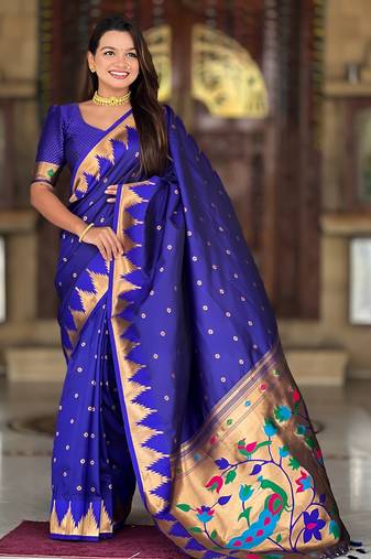 Soft paithani silk saree with zari weawing motifs design and meenakari weawing rich pallu