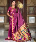 Soft paithani silk saree with zari weawing motifs design and meenakari weawing rich pallu