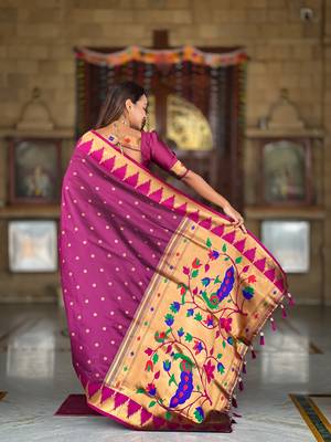 Soft paithani silk saree with zari weawing motifs design and meenakari weawing rich pallu 3
