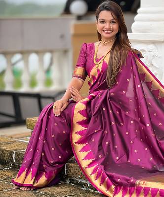 Soft paithani silk saree with zari weawing motifs design and meenakari weawing rich pallu 5