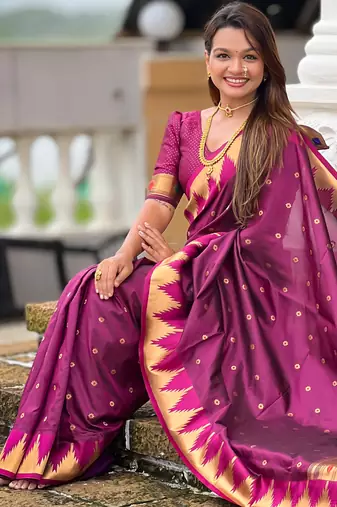 Soft paithani silk saree with zari weawing motifs design and meenakari weawing rich pallu