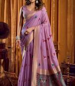 lavender khadi cotton saree with elegant jhallar border & katha work | mina design | rich brocade blouse