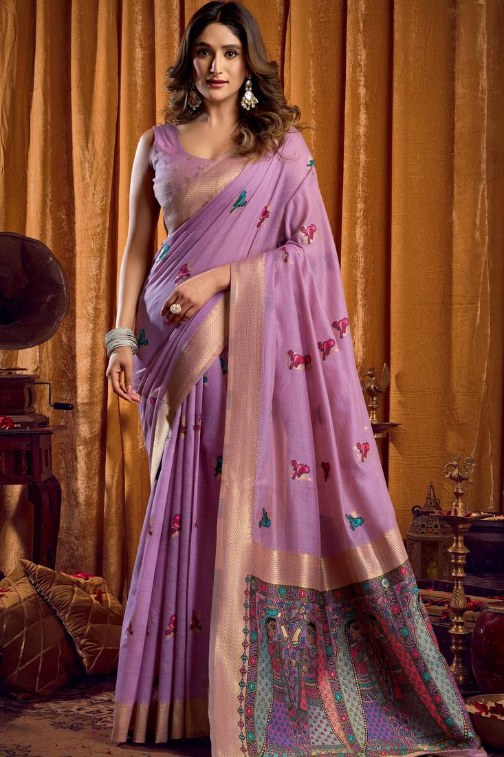 lavender khadi cotton saree with elegant jhallar border & katha work | mina design | rich brocade blouse