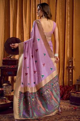 lavender khadi cotton saree with elegant jhallar border & katha work | mina design | rich brocade blouse 2