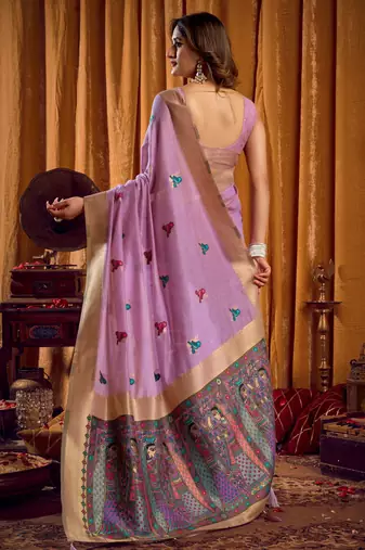 lavender khadi cotton saree with elegant jhallar border & katha work | mina design | rich brocade blouse