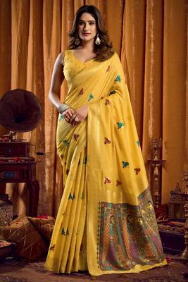 yellow khadi cotton saree with elegant jhallar border & katha work | mina design | rich brocade blouse 1