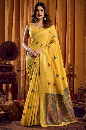 yellow khadi cotton saree with elegant jhallar border & katha work | mina design | rich brocade blouse
