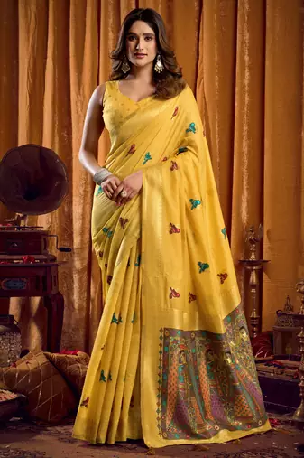 yellow khadi cotton saree with elegant jhallar border & katha work | mina design | rich brocade blouse