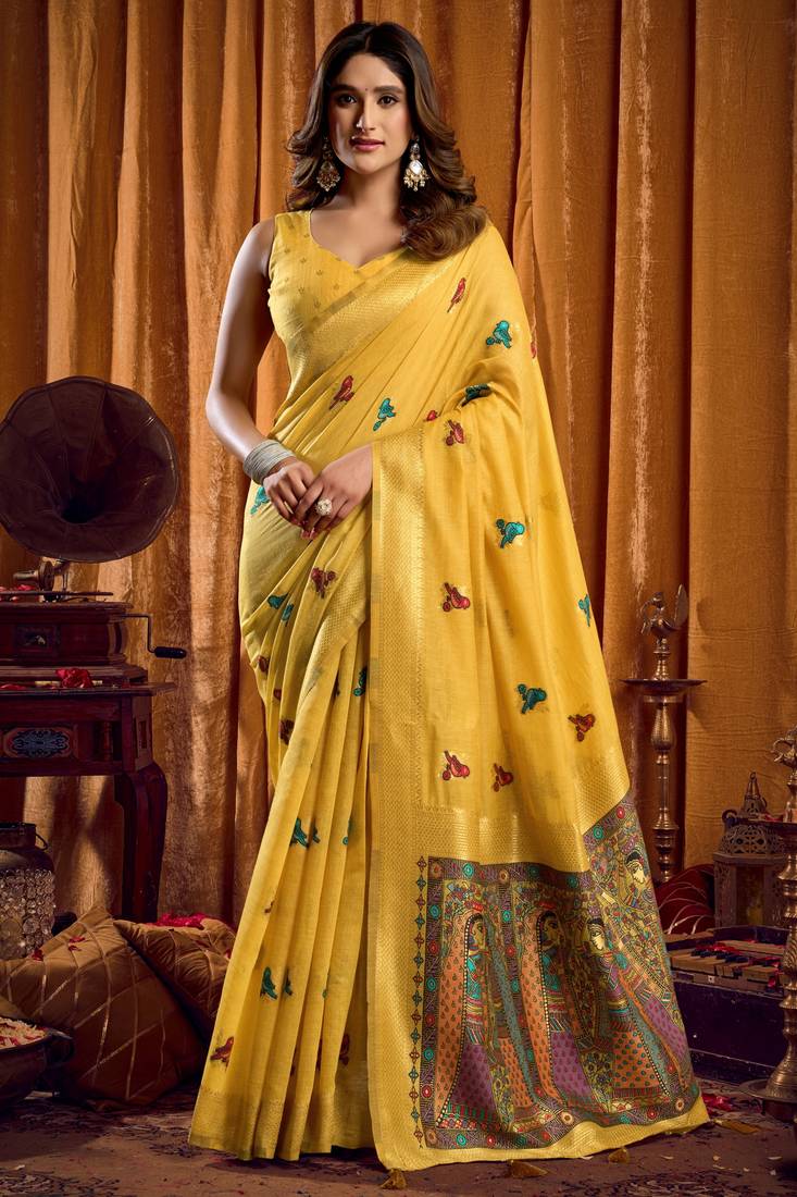yellow khadi cotton saree with elegant jhallar border & katha work | mina design | rich brocade blouse
