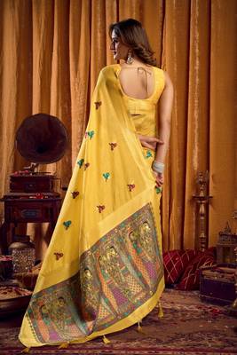 yellow khadi cotton saree with elegant jhallar border & katha work | mina design | rich brocade blouse 2