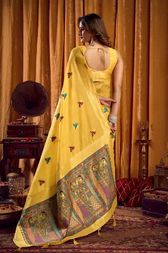 yellow khadi cotton saree with elegant jhallar border & katha work | mina design | rich brocade blouse