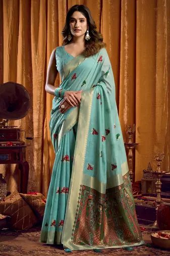 blue khadi cotton saree with elegant jhallar border & katha work | mina design | rich brocade blouse