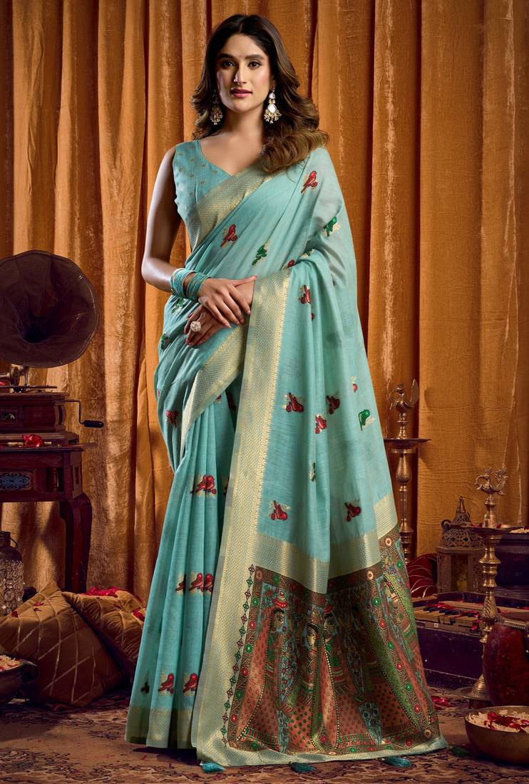 blue khadi cotton saree with elegant jhallar border & katha work | mina design | rich brocade blouse